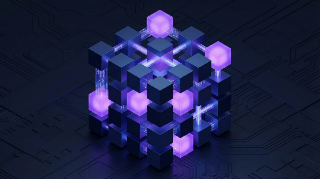 Isometric 3D block diagram representing the bidirectional data integration between HubSpot and Salesforce CRM.