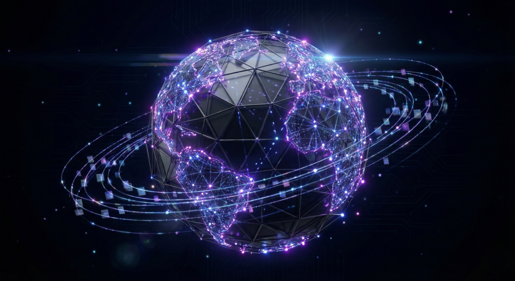 Digital globe visualisation representing international revenue operations and cross-border data flow.